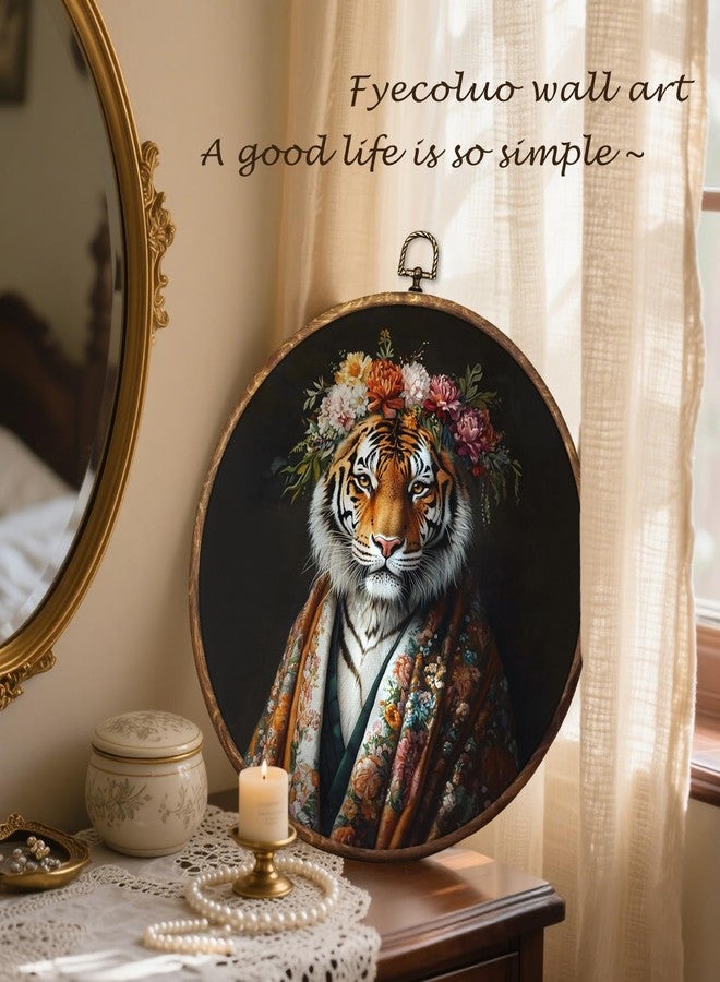HUGANE Vintage Moody Floral Tiger Round Wall Art Decor, Trendy Maximalist Eclectic Tiger Hanging Canvas Framed Prints Wall Sculptures for Home Office Living Room Decor, 10x10 Inch - Image 4
